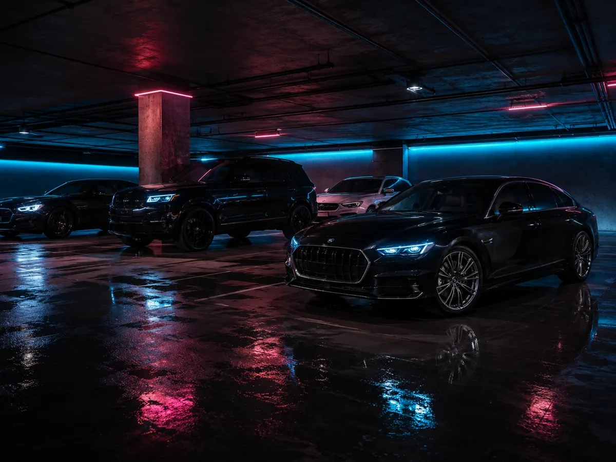 Premium-Fahrzeugflotte in neonbeleuchteter Garage