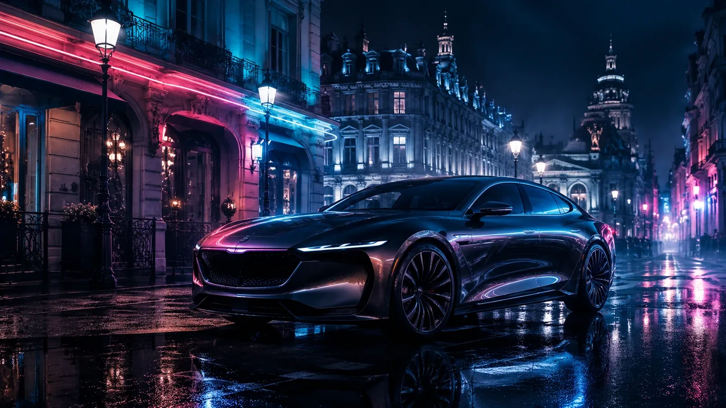 Luxusfahrzeug auf nasser Straße in neonbeleuchteter Nachtstadt