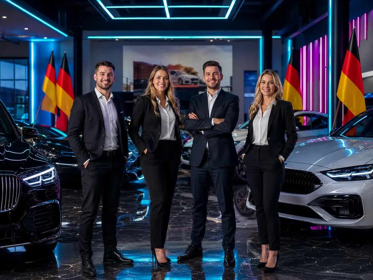 Showroom-Team im Autosalon mit deutschen Flaggen